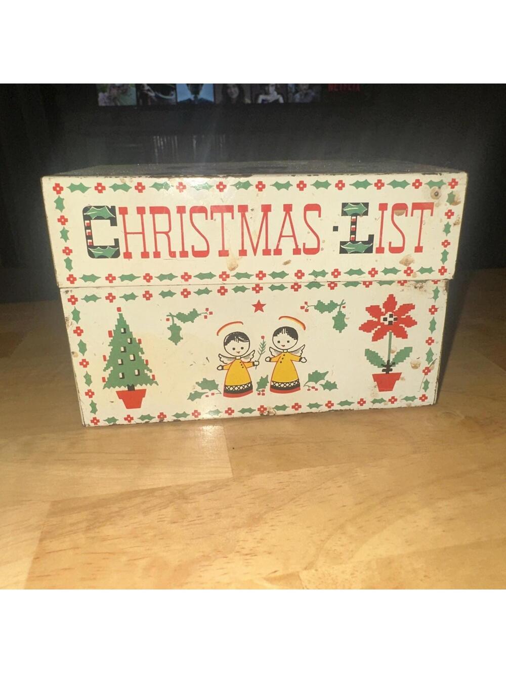 Stylecraft Vintage Tin Metal Recipe Box Christmas List w/ Needlepoint Design 822